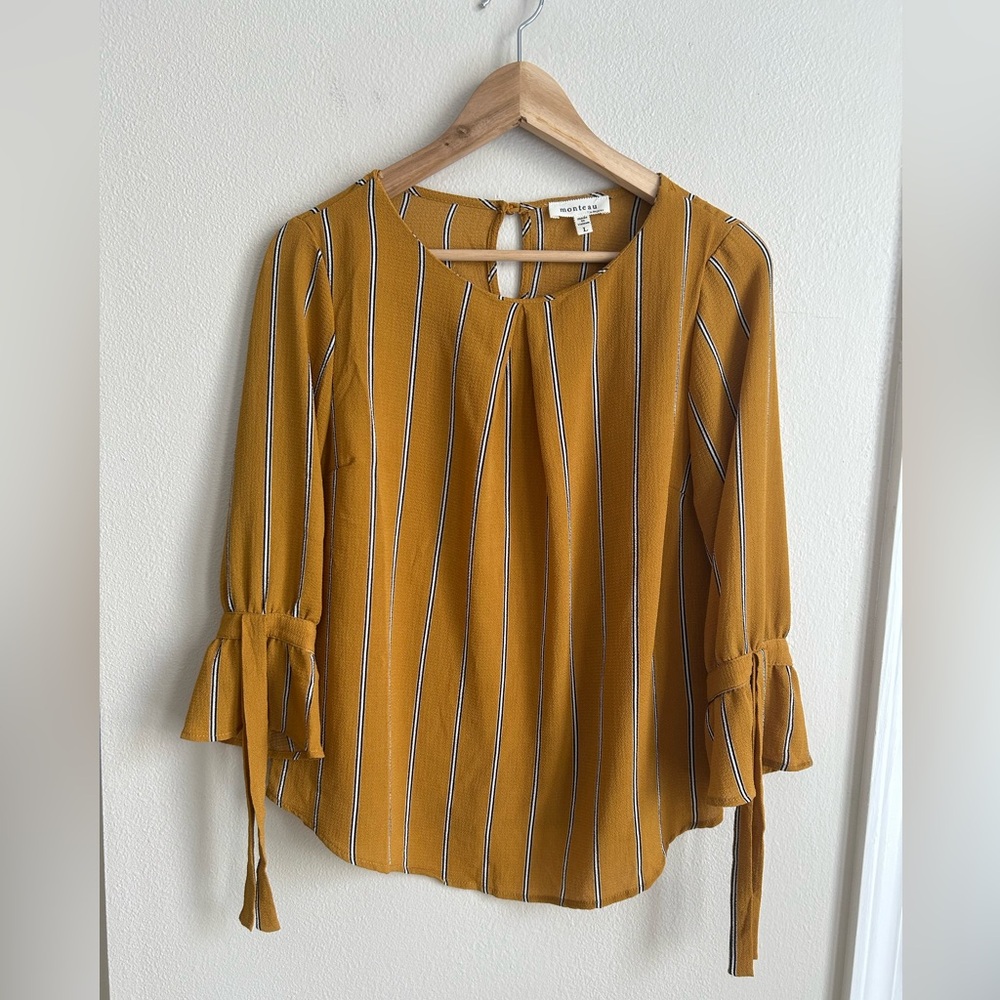 Monteau Yellow Bell Sleeve Blouse with Tie Front Size L Large